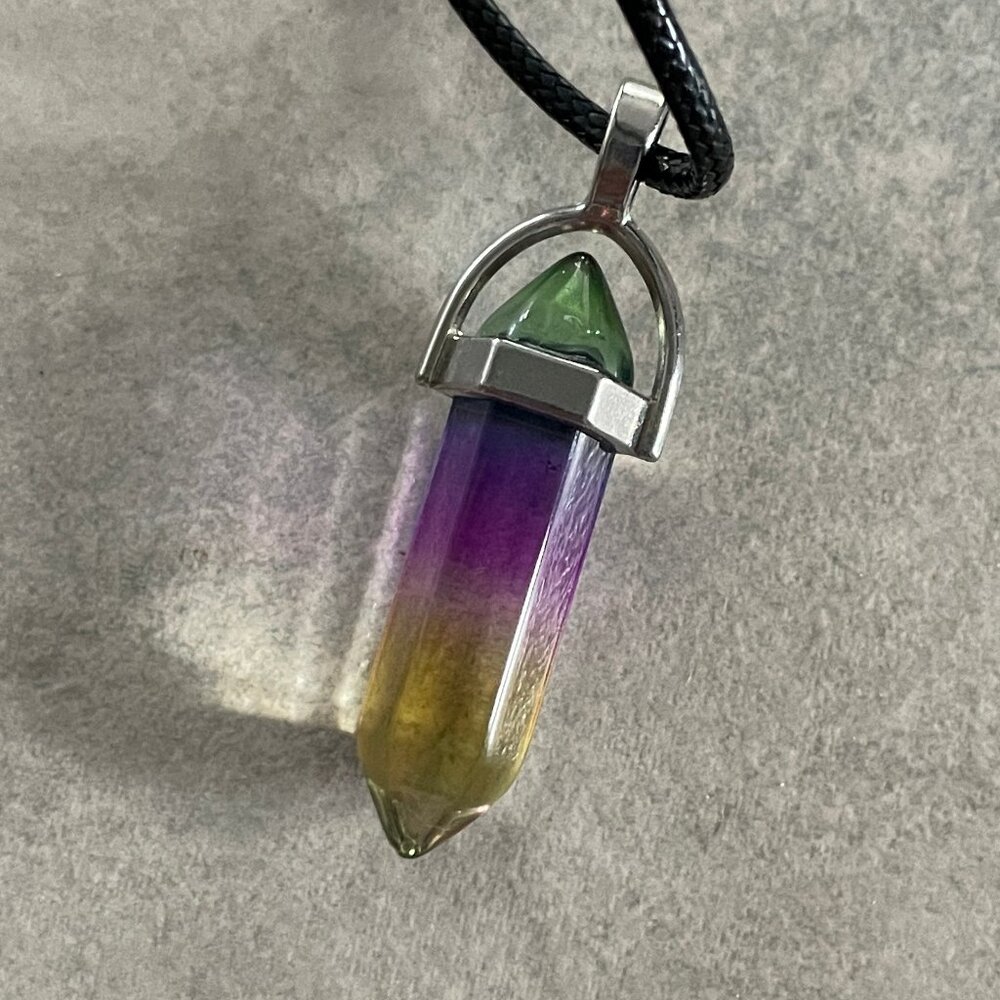 Purple green gold colored glass crystal pendant imitation flourite witchy newage
